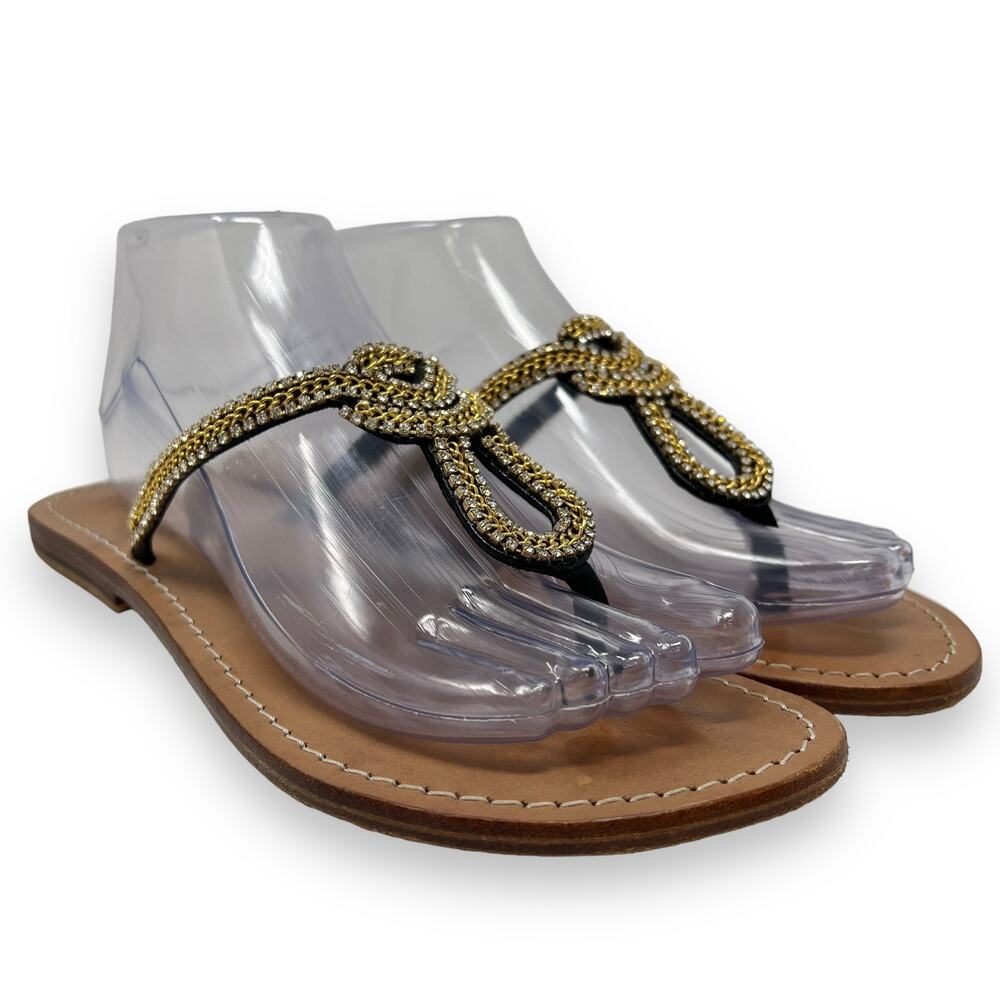 Trina‎ Turk Rhinestone Leather Sandals Women's 8 Black Strap Beach Resortwear